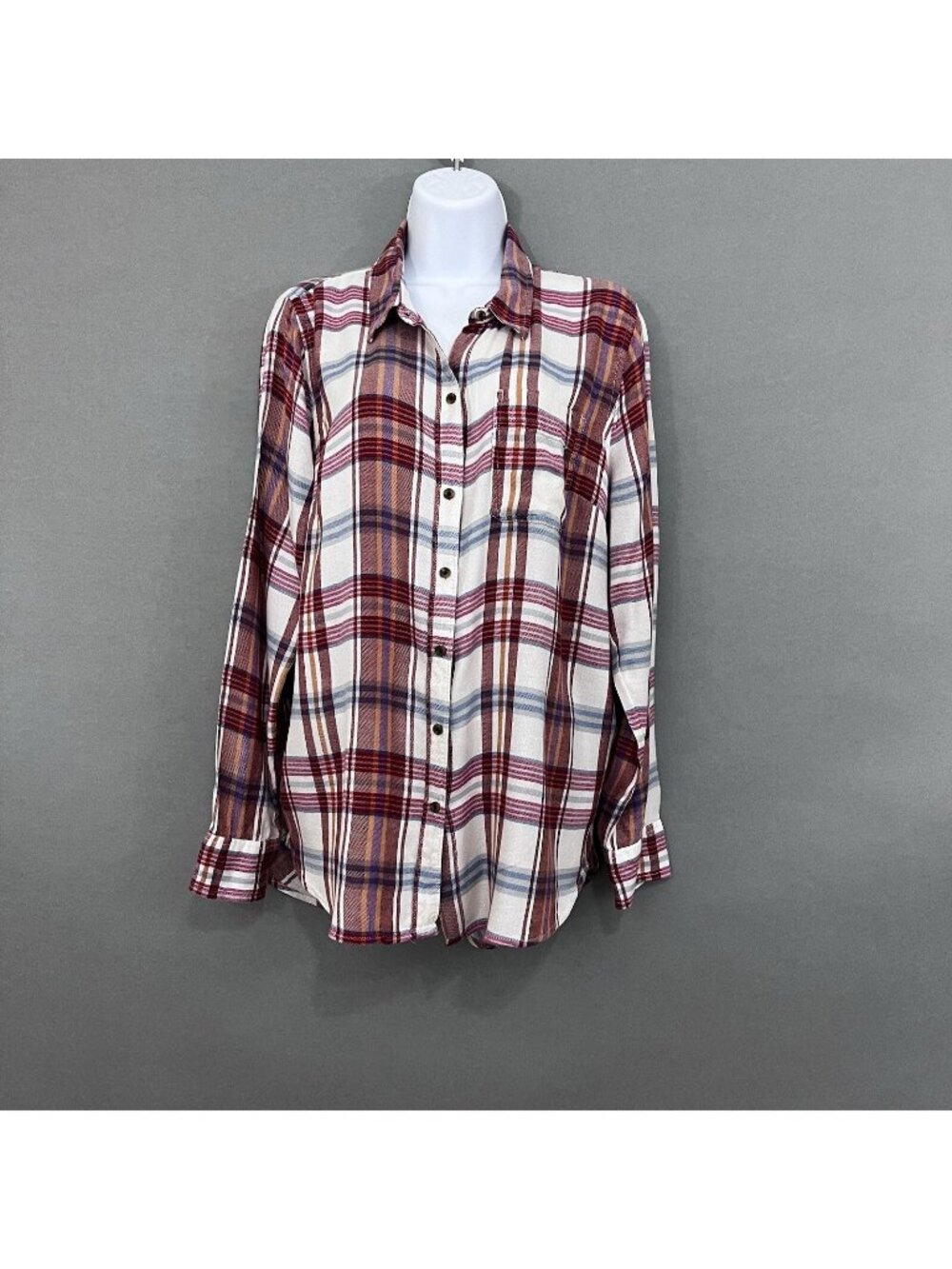 Lucky Brand Red Cream Plaid Button Front Long Sleeve Shirt